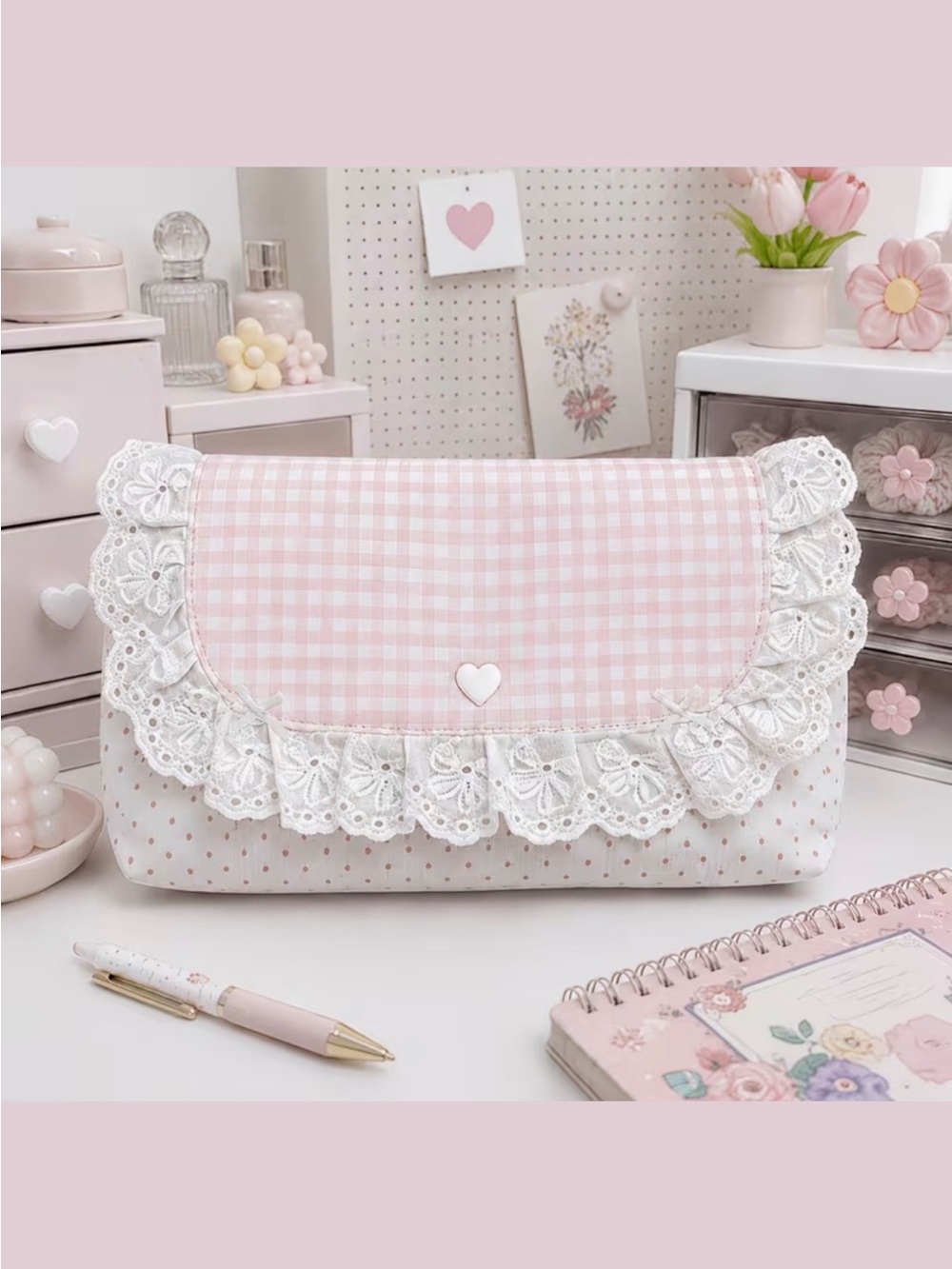 Pink Gingham Lace Storage Pouch NEW